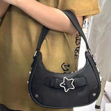 [Trendy Star-Embellished Shoulder Bag] Chic Star-Embellished Shoulder Bag for Women - Trendy Underarm Baguette with Fixed Strap, Zip Closure, Polyester Lined - Available in Black/White