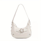 [Trendy Star-Embellished Shoulder Bag] Chic Star-Embellished Shoulder Bag for Women - Trendy Underarm Baguette with Fixed Strap, Zip Closure, Polyester Lined - Available in Black/White