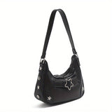 [Trendy Star-Embellished Shoulder Bag] Chic Star-Embellished Shoulder Bag for Women - Trendy Underarm Baguette with Fixed Strap, Zip Closure, Polyester Lined - Available in Black/White