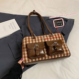 Casual Plaid Tote Bag for Women, Faux Leather, Zipper Closure, Polyester Lined, Fixed Shoulder Straps, with Random Printing, for Black Commuter Bowling Shoulder Bag