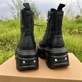 Retro Punk Style Black Platform Ankle Boots with Metal Accents - Waterproof, Lace-Up, Round Toe for All Seasons