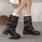 New Ribbed Western Style Mid-Calf Boot - Ladies' Black Fashion Boot with Lace-Up Closure and Chunky Heel