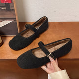 Ultrafine Fiber Mary Jane Flats - Comfortable All-Season Slip-On Shoes - Plush Velvet Lining, Solid Color, Regular Toe, Rubber Sole