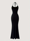 Solid Color Halter Neck Mermaid Dress - Sexy Backless Slim Fit, Flattering Ruffles, Flowy Hem, Perfect for Spring & Summer, Women's Stylish Clothing for Outdoor Events