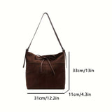 [Large Capacity Vintage Tote Bag] Women's Suede Tote Bag, Vintage Style, Fashionable Large Capacity, Casual Versatile, Shoulder Strap, Zip Closure, Polyester Lining, PU Material, Black