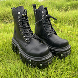 Retro Punk Style Black Platform Ankle Boots with Metal Accents - Waterproof, Lace-Up, Round Toe for All Seasons