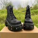 Retro Punk Style Black Platform Ankle Boots with Metal Accents - Waterproof, Lace-Up, Round Toe for All Seasons