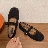 Ultrafine Fiber Mary Jane Flats - Comfortable All-Season Slip-On Shoes - Plush Velvet Lining, Solid Color, Regular Toe, Rubber Sole