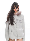 Uniwim Vintage Embroidery Zip Up Hoodies Women Y2k Fur Jackets Preppy Style Korean Grey Hooded Sweatshirts Casual Oversize Coat