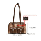 Casual Plaid Tote Bag for Women, Faux Leather, Zipper Closure, Polyester Lined, Fixed Shoulder Straps, with Random Printing, for Black Commuter Bowling Shoulder Bag