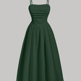 Elegant Solid Color Polyester A-Line Dress for Women, All-Season Strapless Shirred Detail, Woven Pendulum Style, Perfect for Adult - Green