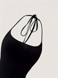 Solid Color Halter Neck Mermaid Dress - Sexy Backless Slim Fit, Flattering Ruffles, Flowy Hem, Perfect for Spring & Summer, Women's Stylish Clothing for Outdoor Events