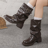 New Ribbed Western Style Mid-Calf Boot - Ladies' Black Fashion Boot with Lace-Up Closure and Chunky Heel