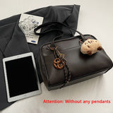 Large Capacity Vintage-Inspired Tote Bag for Women - Chic Brown Faux Leather Shoulder Bag with Zip Closure, Fixed Strap, and Plush Bear Keychain - Ideal for Commuting and Daily Use