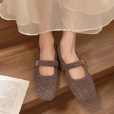 Ultrafine Fiber Mary Jane Flats - Comfortable All-Season Slip-On Shoes - Plush Velvet Lining, Solid Color, Regular Toe, Rubber Sole