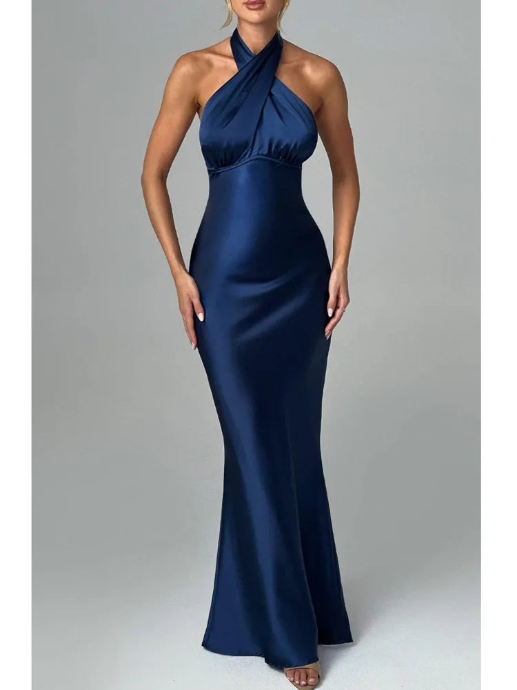 Elegant Backless Lace Up Maxi Dress For Women Satin Slim Fit Female Vesidos Elegant Party Club Evening Dress Spring