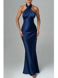 Elegant Backless Lace Up Maxi Dress For Women Satin Slim Fit Female Vesidos Elegant Party Club Evening Dress Spring