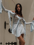 Elegant Mesh Patchwork Ruffled Short Skirt Women's Long Sleeved Sexy Open Back Transparent Vestidos Holiday Party Beach