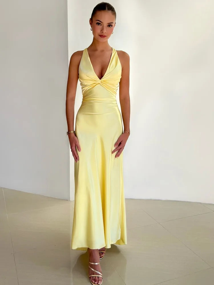 Elegant Sleeveless Satin Bodycon Long Dress Women Sexy Deep V Backless Evening Dress Female Slim Fit Party Club Vestidos