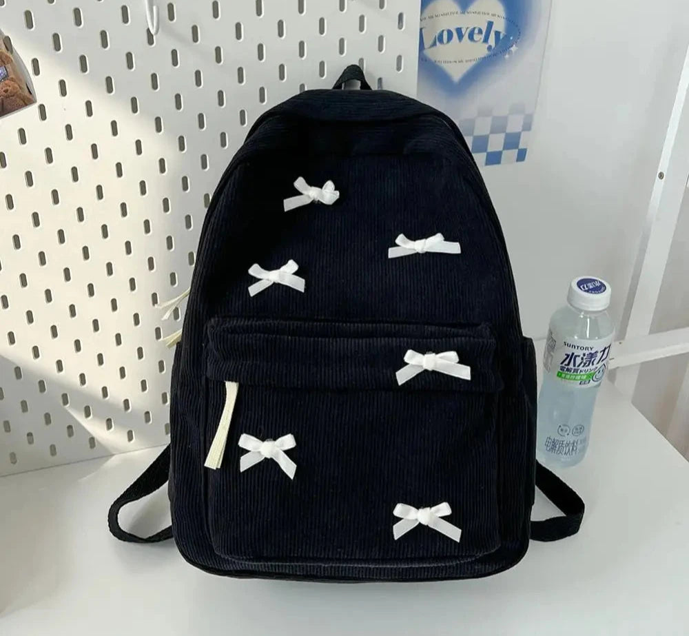 Cute Bowknot Aesthetic Backpack Corduroy School Bag for Girls Teens Student Black Book Bag Women Casual Travel Daypack Rucksack