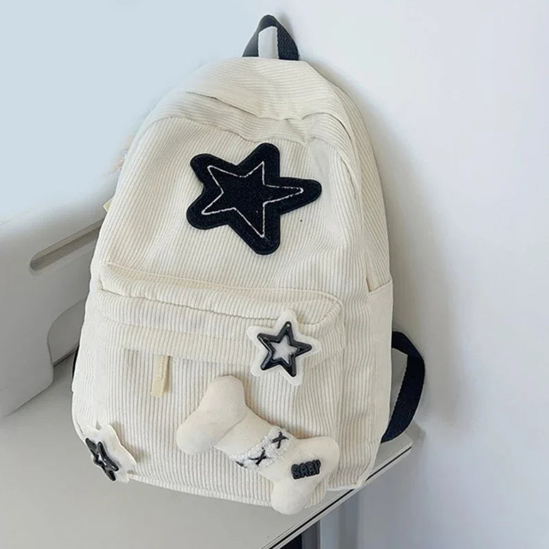 Cute Y2K Aesthetic Backpack Stars Pattern Preppy Rucksack College Student Computer Backpack Corduroy Bookbag for Girl New