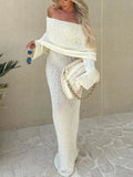 Elegant Knit Maxi Dress Long Flare Sleeve White Ladies Guest Luxury Off Shoulder Beach Event Party Evening Dress Summer