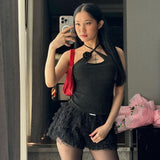 European and American women's clothing summer new fashion sexy hot girl embroidery lace-up halter neck slim waist solid color top