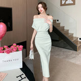 French Temperament Celebrity Wind Sexy Strapless Oblique Collar Dress Female Spring and Summer Slim Open Package Hip Long Dress
