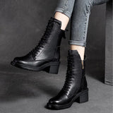 Cow Leather Quality Women Shoes Autumn Winter Square Med Heel Ankle Boots Lace Up Zipper Ladies Pumps Size 35-40