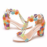 7CM 34-43 Lace Flowers Sandals for Women Summer Peep Toe Sandals Ladies Fashion String Bead High Heels Sexy Wedges Wedding Shoes