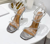 11CM High Heels PVC Transparent Crystal Women Sandals Summer Fashion Silver Rhinestone Sexy Square Toe Party Pumps