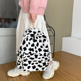 Cow Pattern Backpacks Women Plush Lovely Velour School Book Bag Students Kawaii Fluffy Zipper College Girls Packbag New Korean