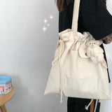 Shopping Bags Women Plaid Drawstring Casual Adjustable Large Capacity Ins Cute Students Shopper Canvas Bag Simple Korean Style