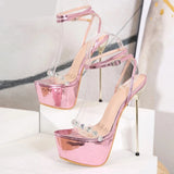 Pink Sweet Ankle Buckle Strap Women's Sandals PVC Transparent Crystal Platform Summer Fashion High Heels Wedding Shoes