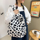 Cow Pattern Backpacks Women Plush Lovely Velour School Book Bag Students Kawaii Fluffy Zipper College Girls Packbag New Korean