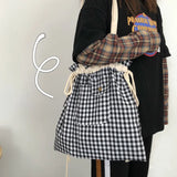 Shopping Bags Women Plaid Drawstring Casual Adjustable Large Capacity Ins Cute Students Shopper Canvas Bag Simple Korean Style