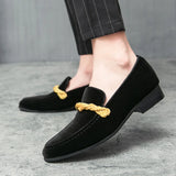 Men Loafers Classic British Style Suede Deerskin Casual Dress Brooch Twisted Personality Small Leather Shoes 48