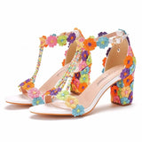 7CM 34-43 Lace Flowers Sandals for Women Summer Peep Toe Sandals Ladies Fashion String Bead High Heels Sexy Wedges Wedding Shoes