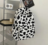 Cow Pattern Backpacks Women Plush Lovely Velour School Book Bag Students Kawaii Fluffy Zipper College Girls Packbag New Korean