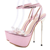 Pink Sweet Ankle Buckle Strap Women's Sandals PVC Transparent Crystal Platform Summer Fashion High Heels Wedding Shoes