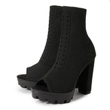 Autumn Winter Chunky Platform Boots Punk Style Peep Toe Knitting Stretch Fabric Socks Shoes Women Square High Heels Black Brown