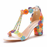 7CM 34-43 Lace Flowers Sandals for Women Summer Peep Toe Sandals Ladies Fashion String Bead High Heels Sexy Wedges Wedding Shoes