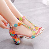 7CM 34-43 Lace Flowers Sandals for Women Summer Peep Toe Sandals Ladies Fashion String Bead High Heels Sexy Wedges Wedding Shoes