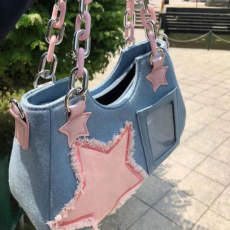 Korean Fashion Shoulder Underarm Harajuku Star Tote Denim Bag Chain Ladies Bags Zip Purses Handbags Women Luxury Square Bag