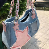 Korean Fashion Shoulder Underarm Harajuku Star Tote Denim Bag Chain Ladies Bags Zip Purses Handbags Women Luxury Square Bag