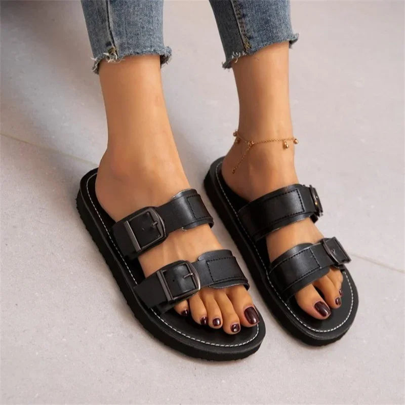 Ladies Shoes Open Toe Women's Slippers Summer Solid Color Buckle Shoes Female Flat Casual Slippers Zapatillas De Mujer