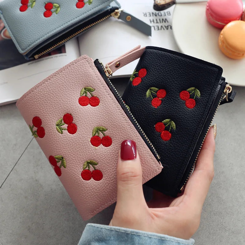 New Cherry Fruit  Embroidery Women Purse Wallets Fashion Simple Students Wallet Small PU Leather Wallet Mini Card Holder Bags