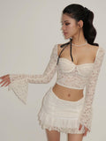 autumn new sexy low-cut trumpet sleeve lace navel-baring top pleated skirt two-piece suit