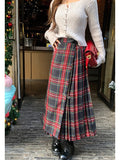 Marrlve grunge outfits Retro Scottish Plaid Skirt Women's Long High Waist A- line Hip Skirt Slimming Draping Pleated Skirt