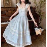 Marrlve pop culture dress to impress Summer New French Retro Fairy Small Flying Sleeve Lace Bow Blue One-Piece Dress for Women